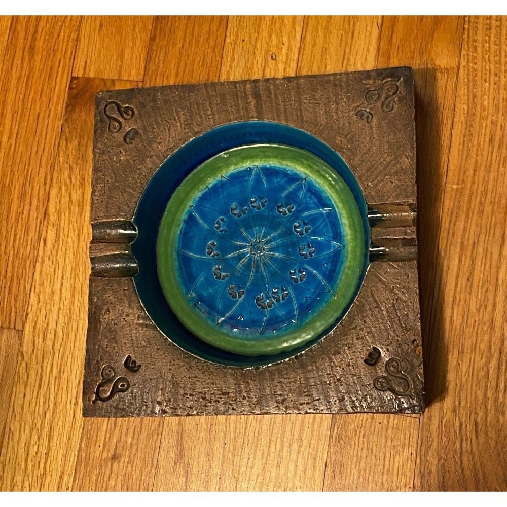 MCM Bitossi Rimini Blue 8.5" Cigarette & Cigar ASHTRAY Pottery SIGNED Italy-ASIS